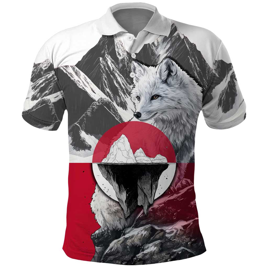 Greenland Polo Shirt with Arctic Fox, Mountains, and Frozen Yet Fierce Text Design