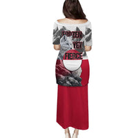 Greenland Puletasi with Arctic Fox, Mountains, and Frozen Yet Fierce Text Design