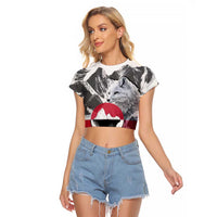 Greenland Raglan Cropped T Shirt with Arctic Fox, Mountains, and Frozen Yet Fierce Text Design