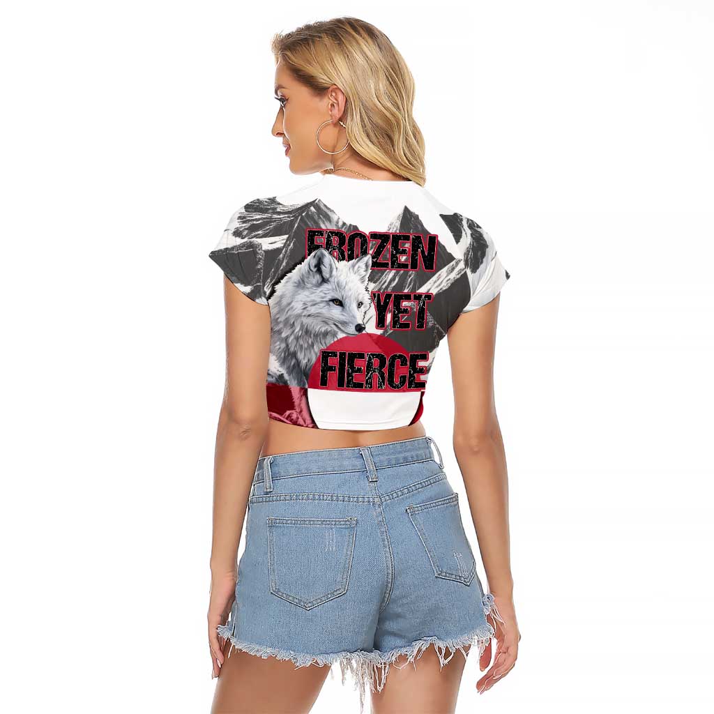 Greenland Raglan Cropped T Shirt with Arctic Fox, Mountains, and Frozen Yet Fierce Text Design