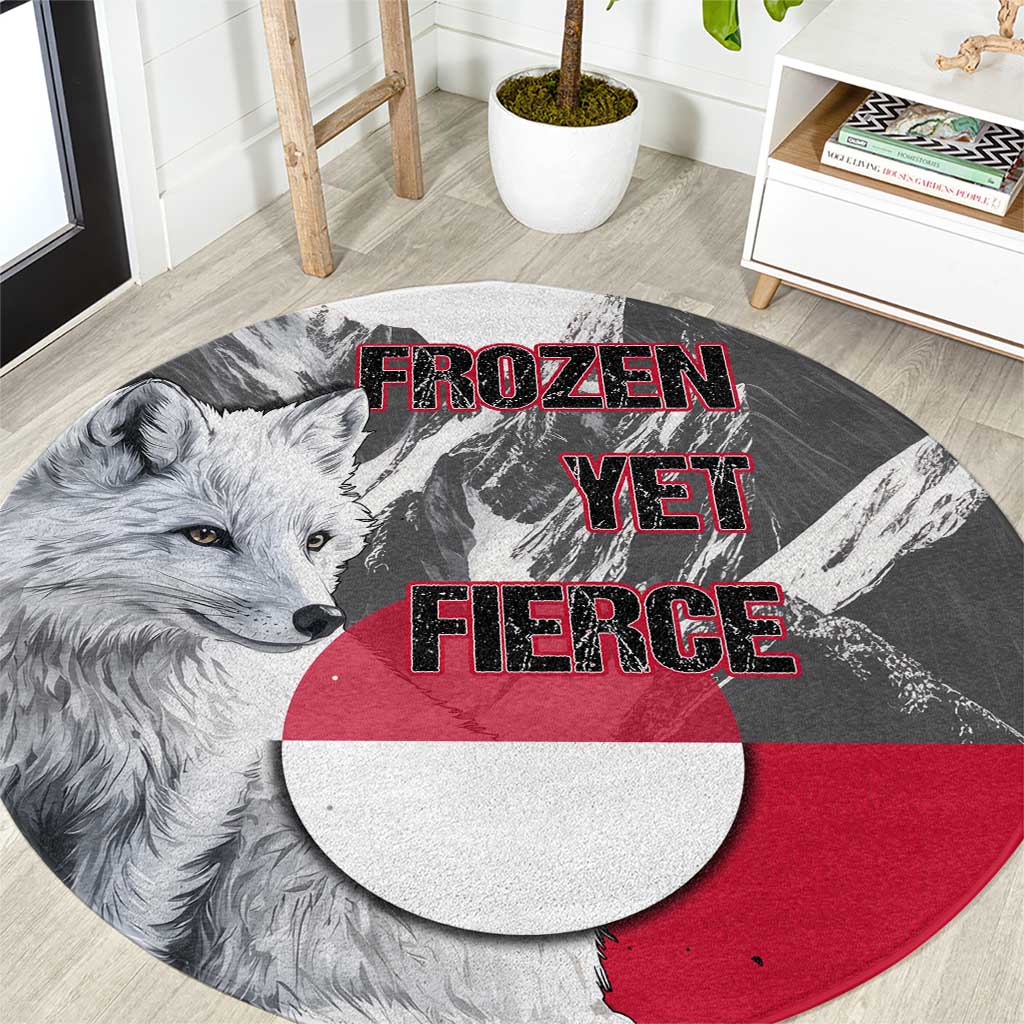 Greenland Round Carpet with Arctic Fox, Mountains, and Frozen Yet Fierce Text Design