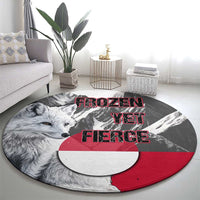 Greenland Round Carpet with Arctic Fox, Mountains, and Frozen Yet Fierce Text Design