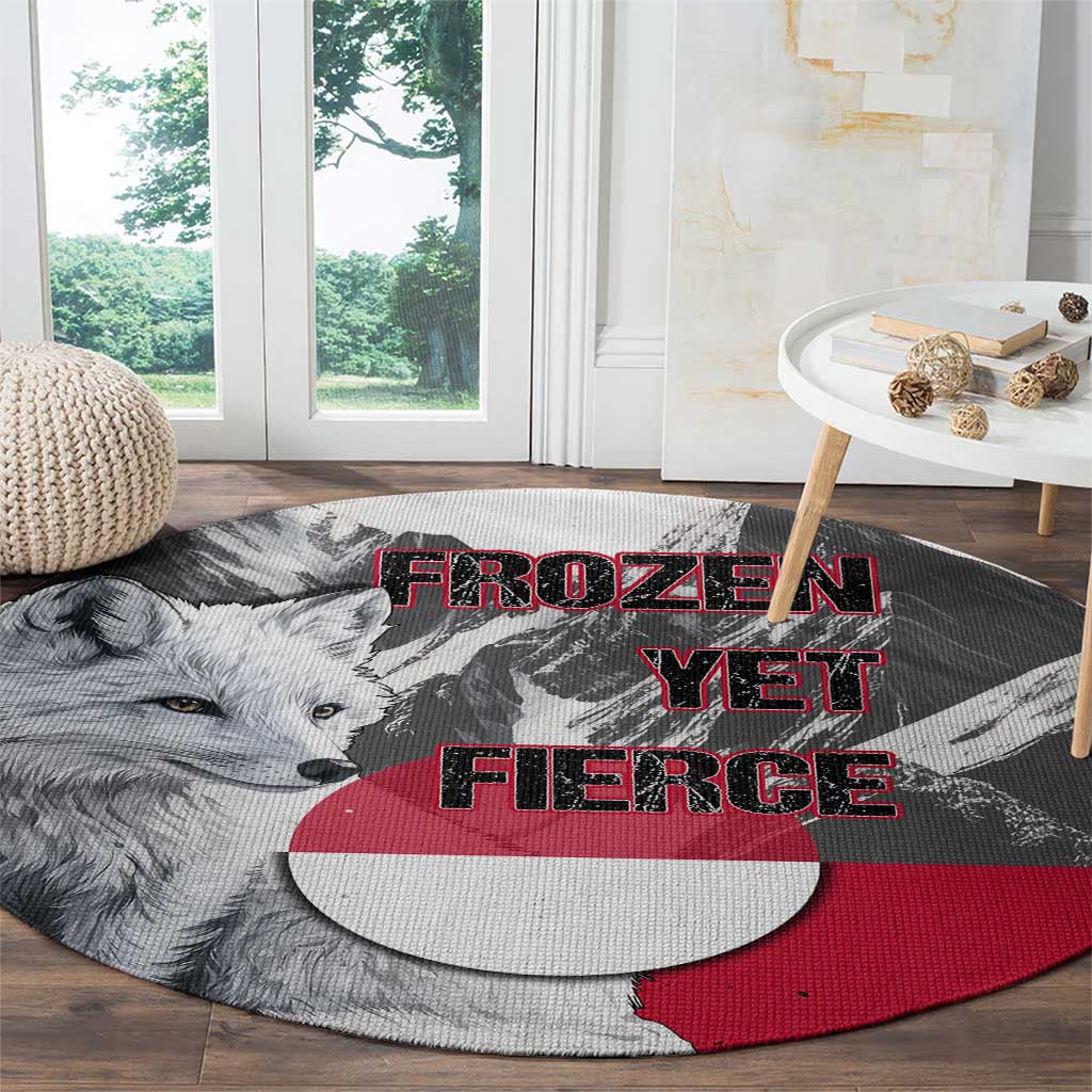 Greenland Round Carpet with Arctic Fox, Mountains, and Frozen Yet Fierce Text Design