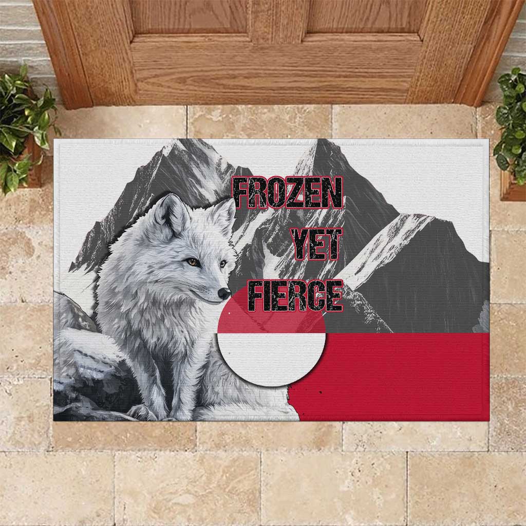 Greenland Rubber Doormat with Arctic Fox, Mountains, and Frozen Yet Fierce Text Design