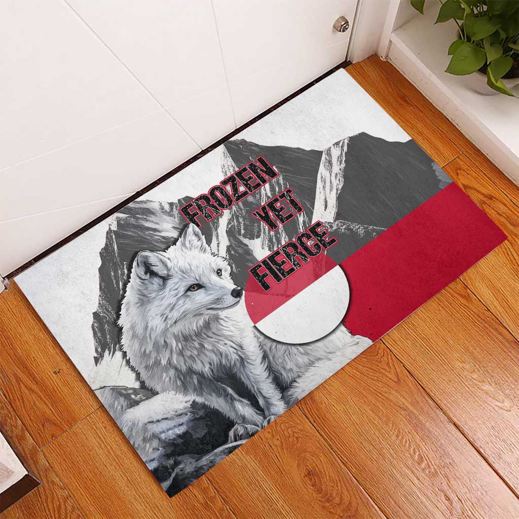 Greenland Rubber Doormat with Arctic Fox, Mountains, and Frozen Yet Fierce Text Design