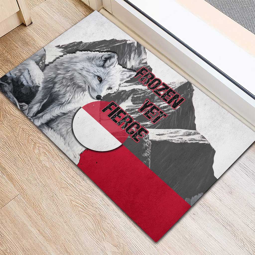 Greenland Rubber Doormat with Arctic Fox, Mountains, and Frozen Yet Fierce Text Design