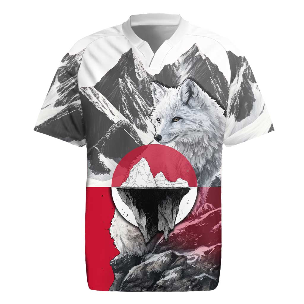 Greenland Rugby Jersey with Arctic Fox, Mountains, and Frozen Yet Fierce Text Design