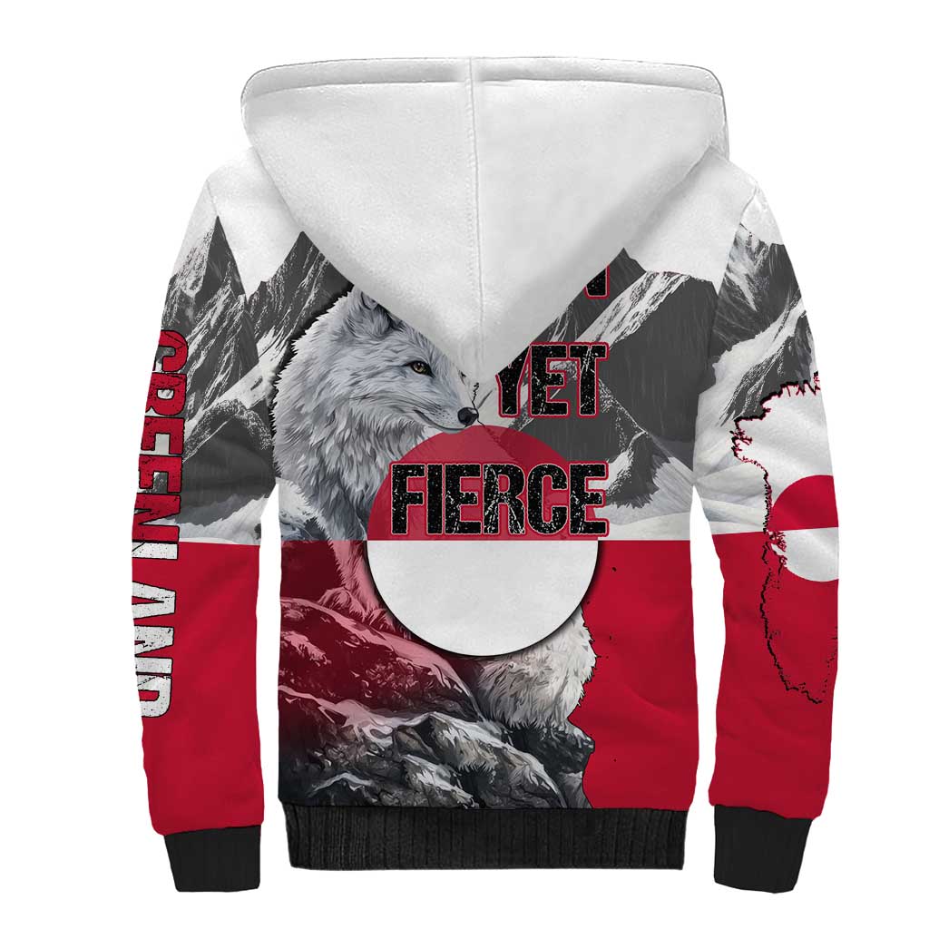 Greenland Sherpa Hoodie with Arctic Fox, Mountains, and Frozen Yet Fierce Text Design