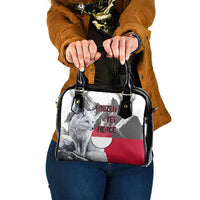 Greenland Shoulder Handbag with Arctic Fox, Mountains, and Frozen Yet Fierce Text Design