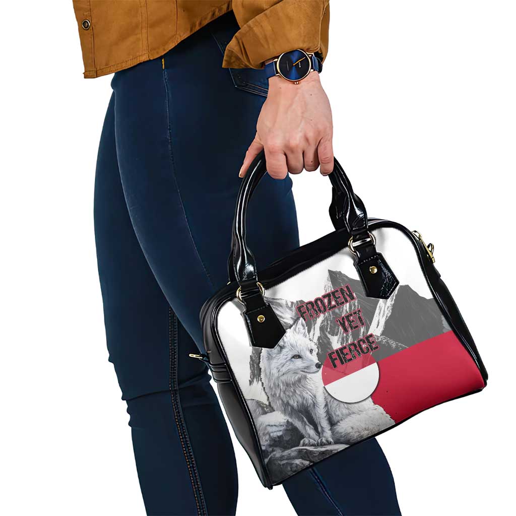 Greenland Shoulder Handbag with Arctic Fox, Mountains, and Frozen Yet Fierce Text Design