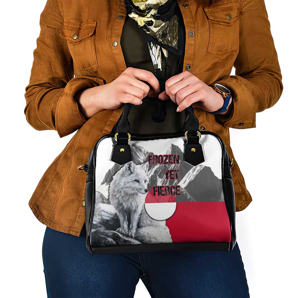 Greenland Shoulder Handbag with Arctic Fox, Mountains, and Frozen Yet Fierce Text Design
