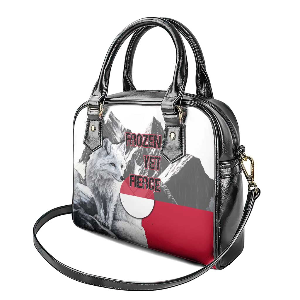 Greenland Shoulder Handbag with Arctic Fox, Mountains, and Frozen Yet Fierce Text Design