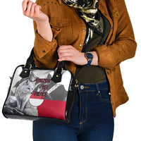 Greenland Shoulder Handbag with Arctic Fox, Mountains, and Frozen Yet Fierce Text Design