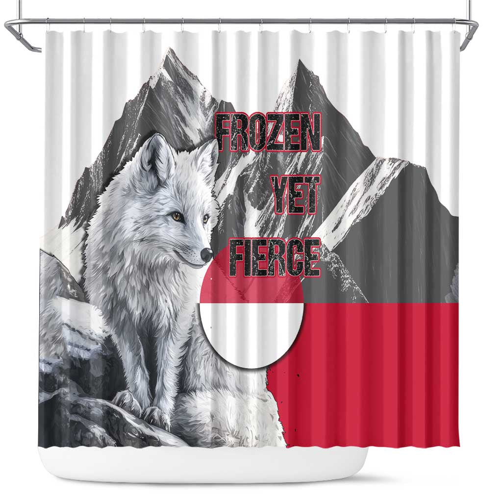 Greenland Shower Curtain with Arctic Fox, Mountains, and Frozen Yet Fierce Text Design
