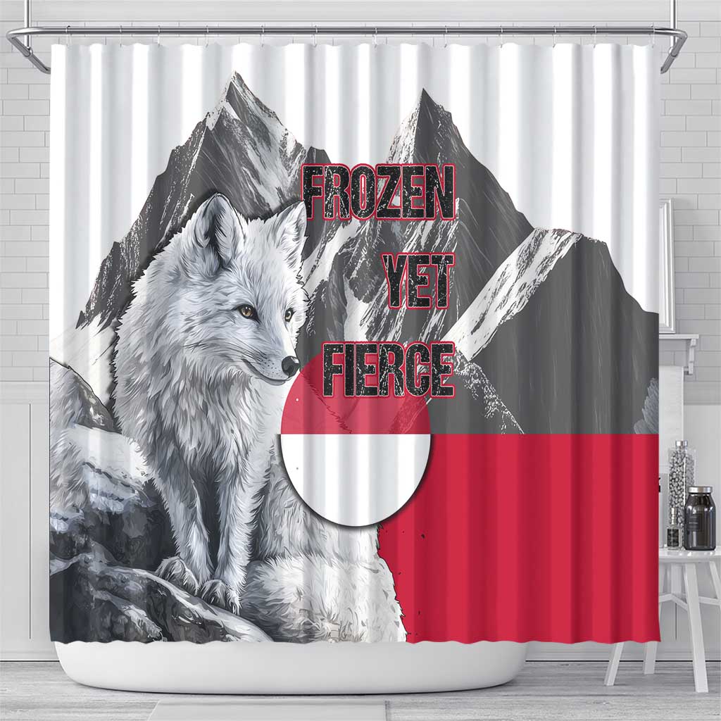 Greenland Shower Curtain with Arctic Fox, Mountains, and Frozen Yet Fierce Text Design