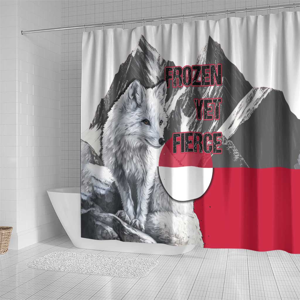 Greenland Shower Curtain with Arctic Fox, Mountains, and Frozen Yet Fierce Text Design