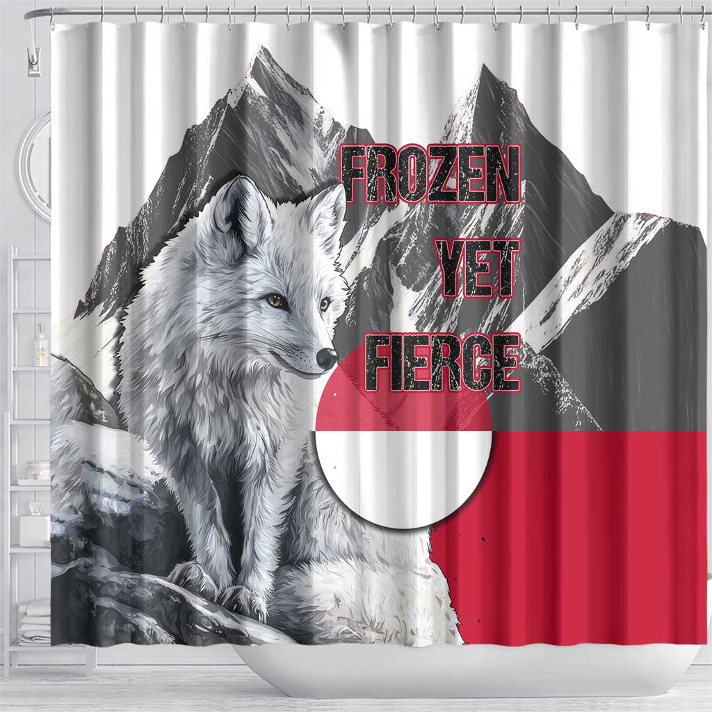 Greenland Shower Curtain with Arctic Fox, Mountains, and Frozen Yet Fierce Text Design