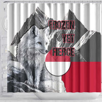 Greenland Shower Curtain with Arctic Fox, Mountains, and Frozen Yet Fierce Text Design