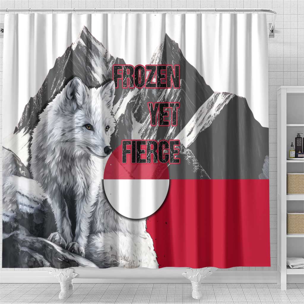 Greenland Shower Curtain with Arctic Fox, Mountains, and Frozen Yet Fierce Text Design
