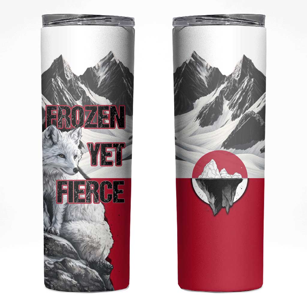 Greenland Skinny Tumbler with Arctic Fox, Mountains, and Frozen Yet Fierce Text Design