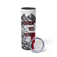 Greenland Skinny Tumbler with Arctic Fox, Mountains, and Frozen Yet Fierce Text Design