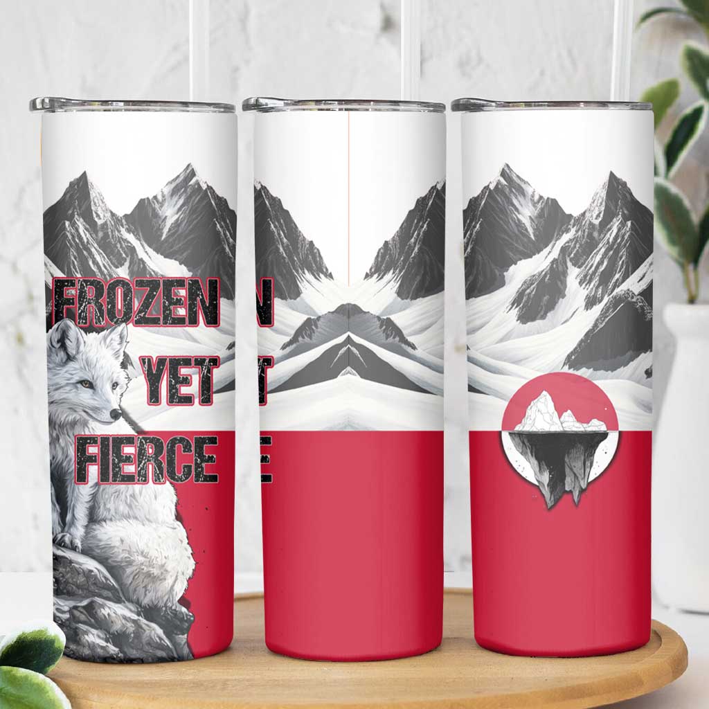 Greenland Skinny Tumbler with Arctic Fox, Mountains, and Frozen Yet Fierce Text Design