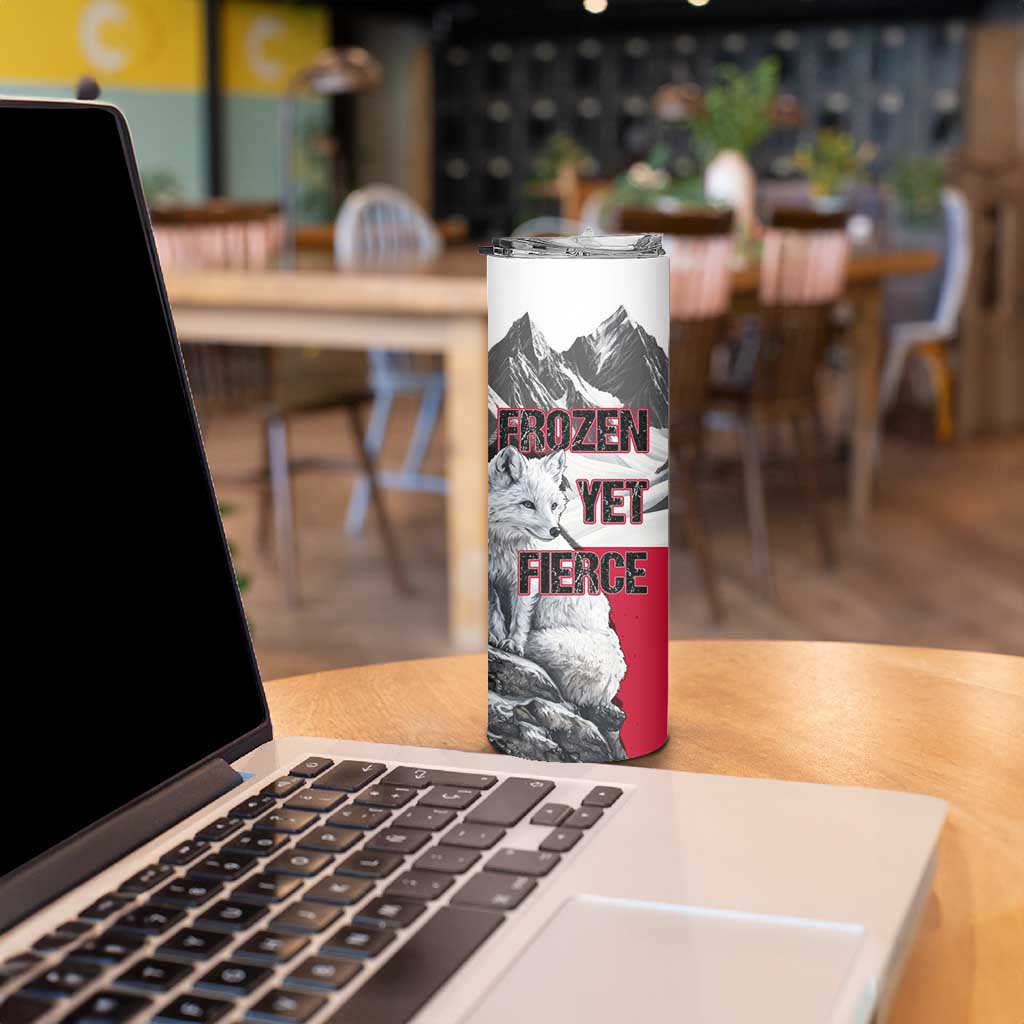 Greenland Skinny Tumbler with Arctic Fox, Mountains, and Frozen Yet Fierce Text Design