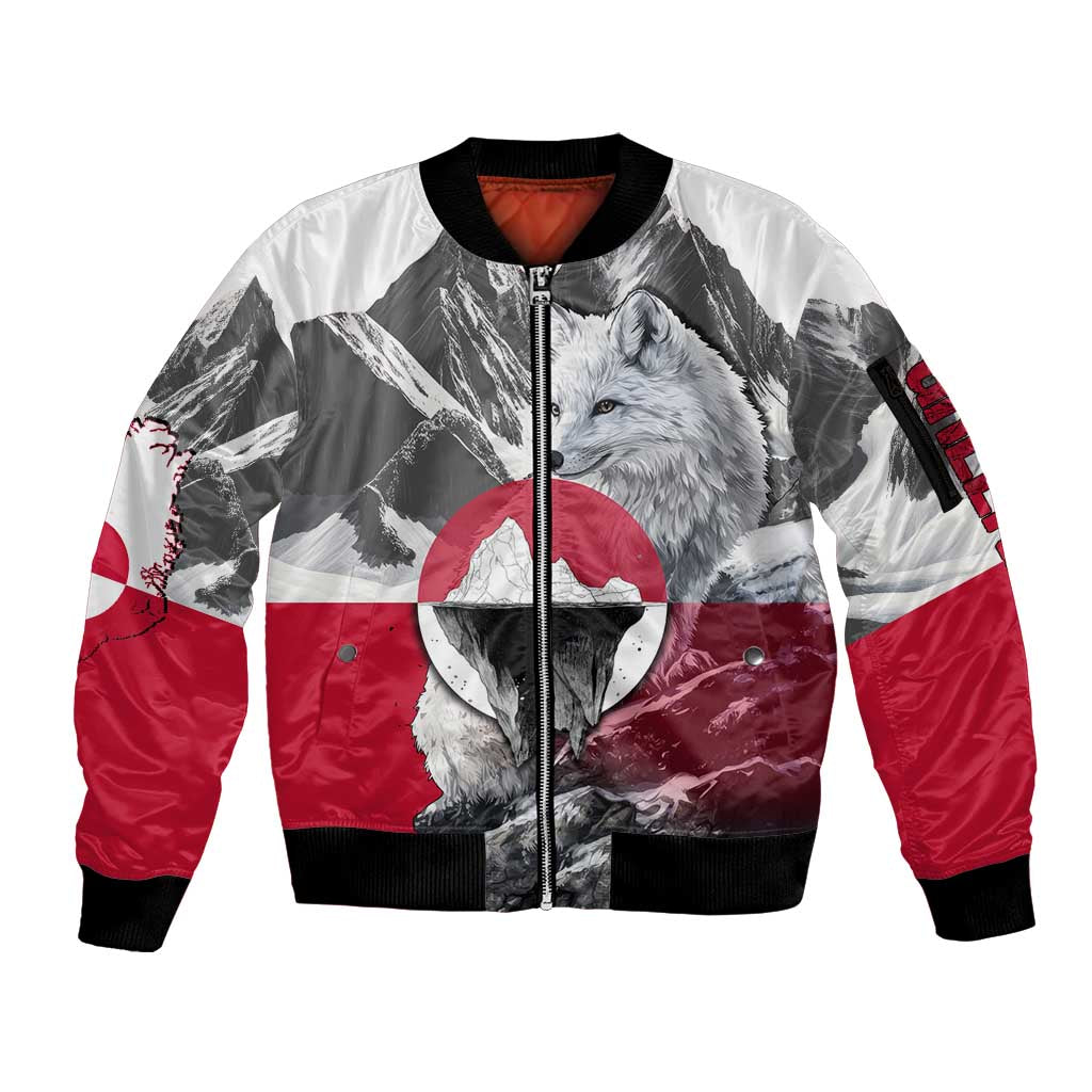 Greenland Sleeve Zip Bomber Jacket with Arctic Fox, Mountains, and Frozen Yet Fierce Text Design