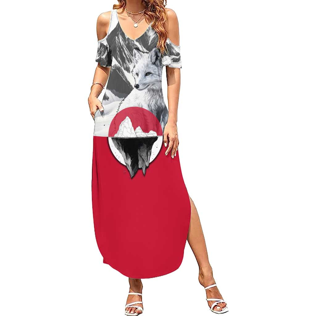 Greenland Summer Maxi Dress with Arctic Fox, Mountains, and Frozen Yet Fierce Text Design