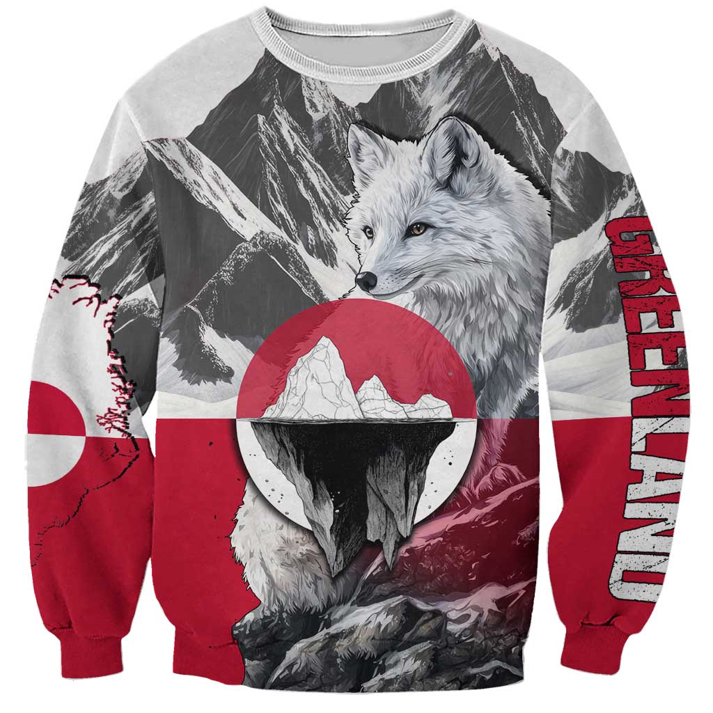Greenland Sweatshirt with Arctic Fox, Mountains, and Frozen Yet Fierce Text Design