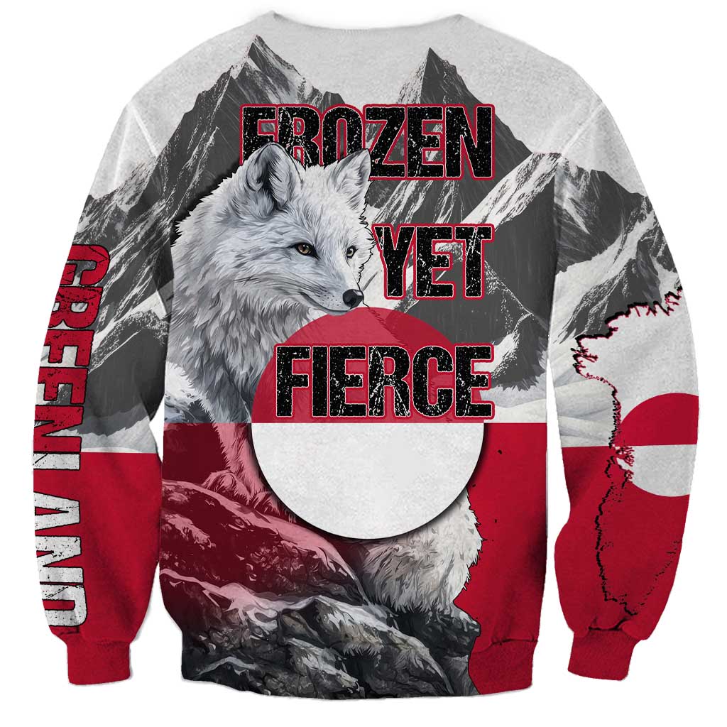 Greenland Sweatshirt with Arctic Fox, Mountains, and Frozen Yet Fierce Text Design