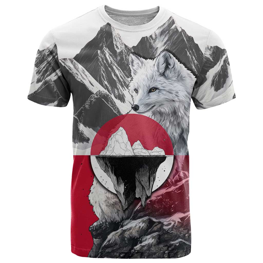 Greenland T Shirt with Arctic Fox, Mountains, and Frozen Yet Fierce Text Design