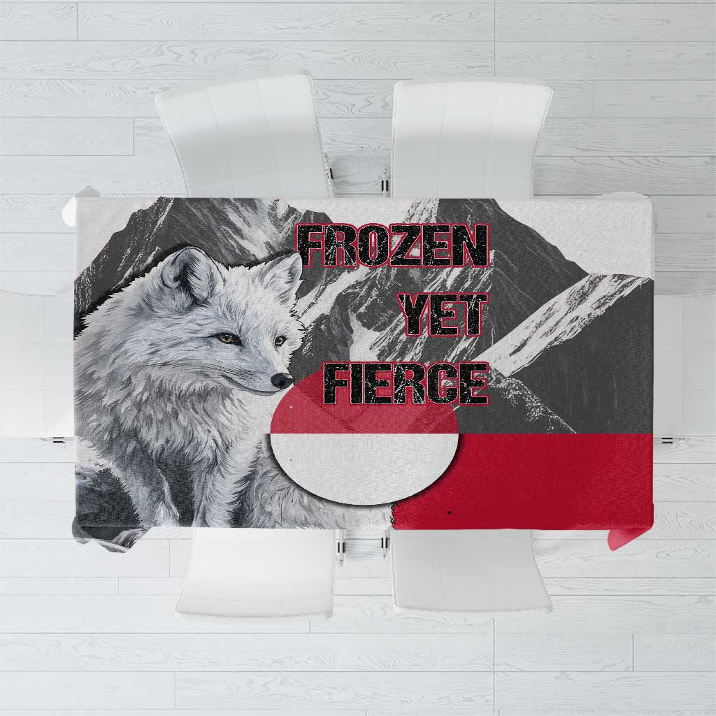 Greenland Tablecloth with Arctic Fox, Mountains, and Frozen Yet Fierce Text Design