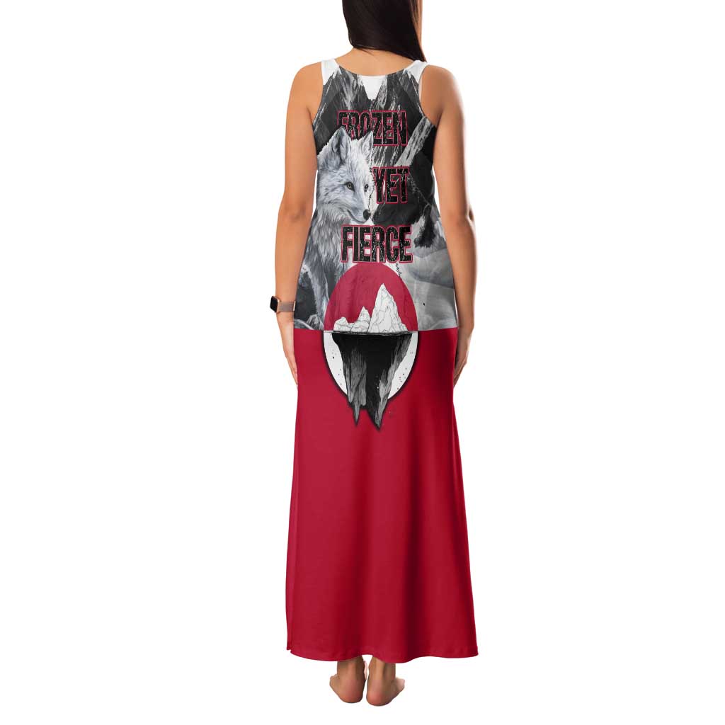 Greenland Tank Maxi Dress with Arctic Fox, Mountains, and Frozen Yet Fierce Text Design
