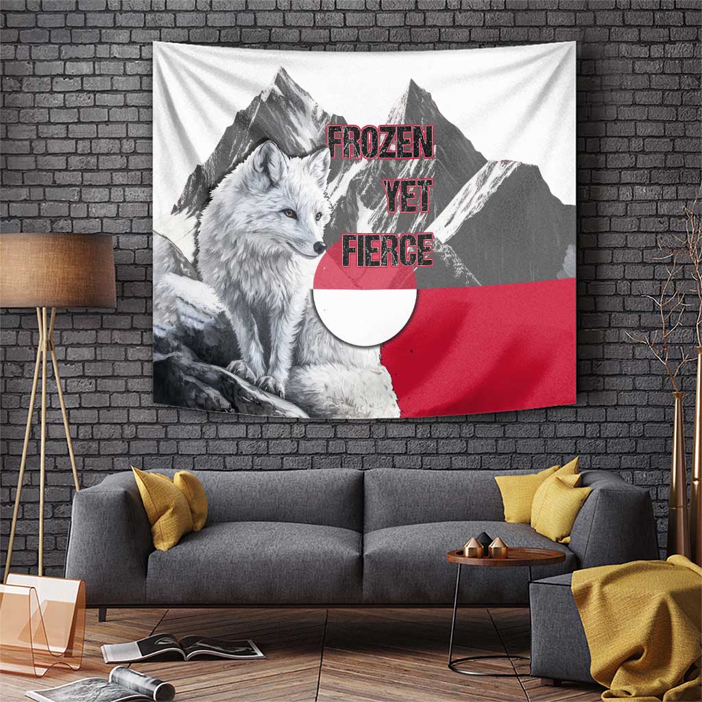 Greenland Tapestry with Arctic Fox, Mountains, and Frozen Yet Fierce Text Design