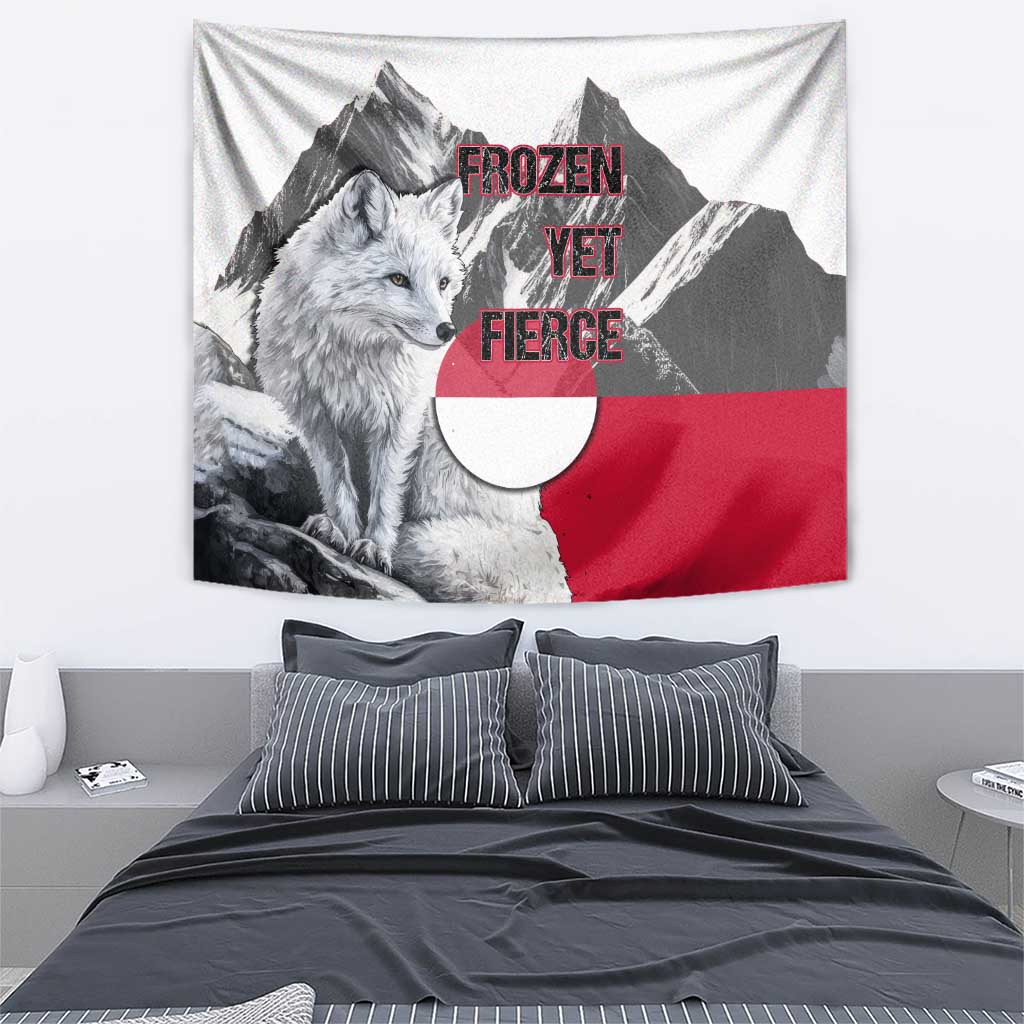 Greenland Tapestry with Arctic Fox, Mountains, and Frozen Yet Fierce Text Design