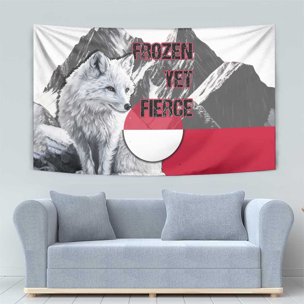 Greenland Tapestry with Arctic Fox, Mountains, and Frozen Yet Fierce Text Design
