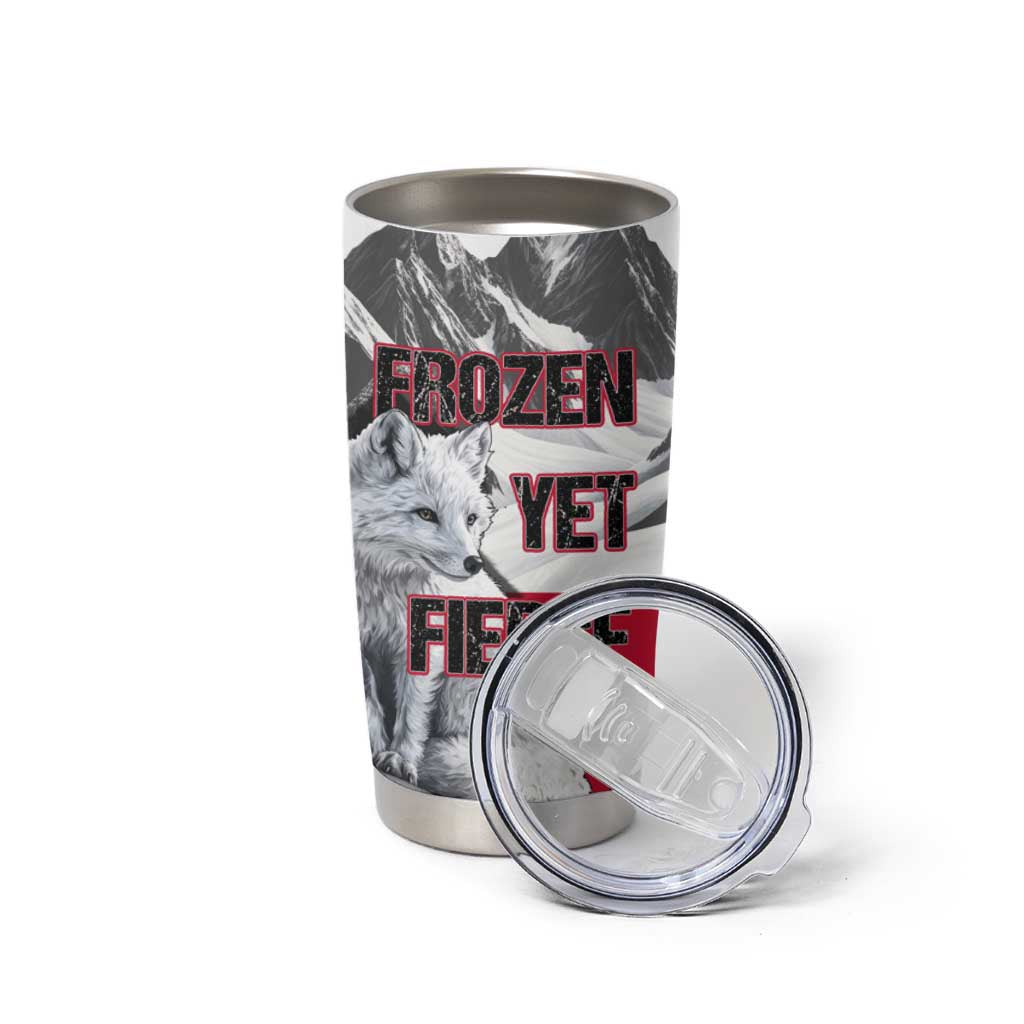 Greenland Tumbler Cup with Arctic Fox, Mountains, and Frozen Yet Fierce Text Design