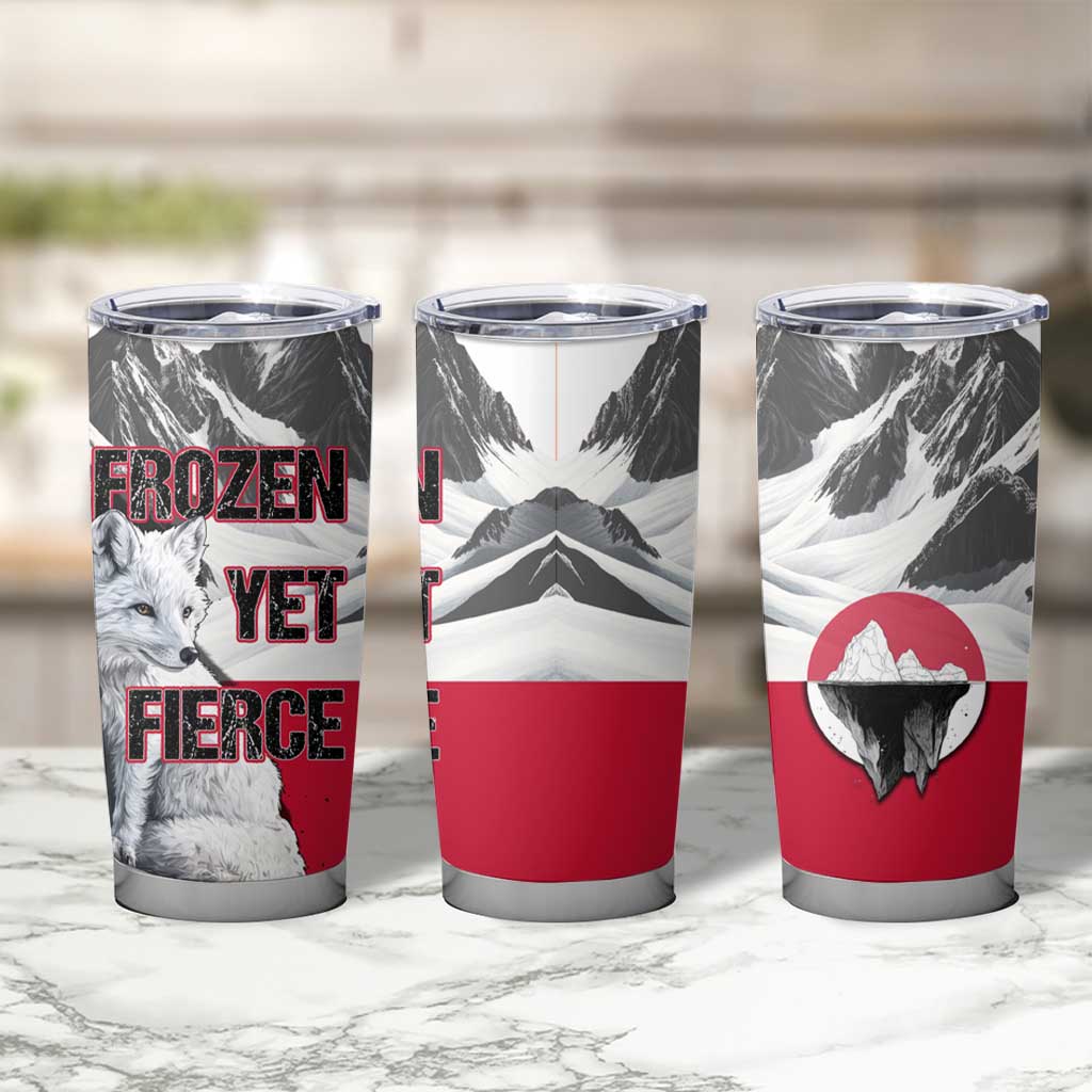 Greenland Tumbler Cup with Arctic Fox, Mountains, and Frozen Yet Fierce Text Design