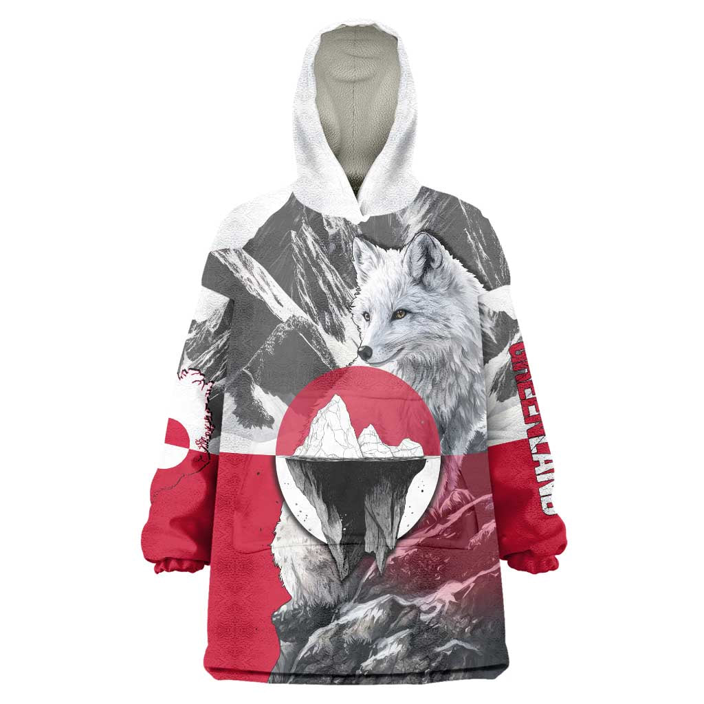 Greenland Wearable Blanket Hoodie with Arctic Fox, Mountains, and Frozen Yet Fierce Text Design