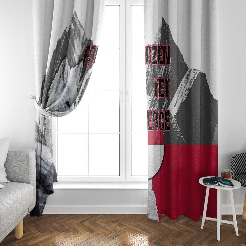Greenland Window Curtain with Arctic Fox, Mountains, and Frozen Yet Fierce Text Design