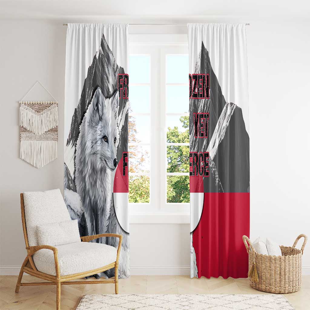 Greenland Window Curtain with Arctic Fox, Mountains, and Frozen Yet Fierce Text Design