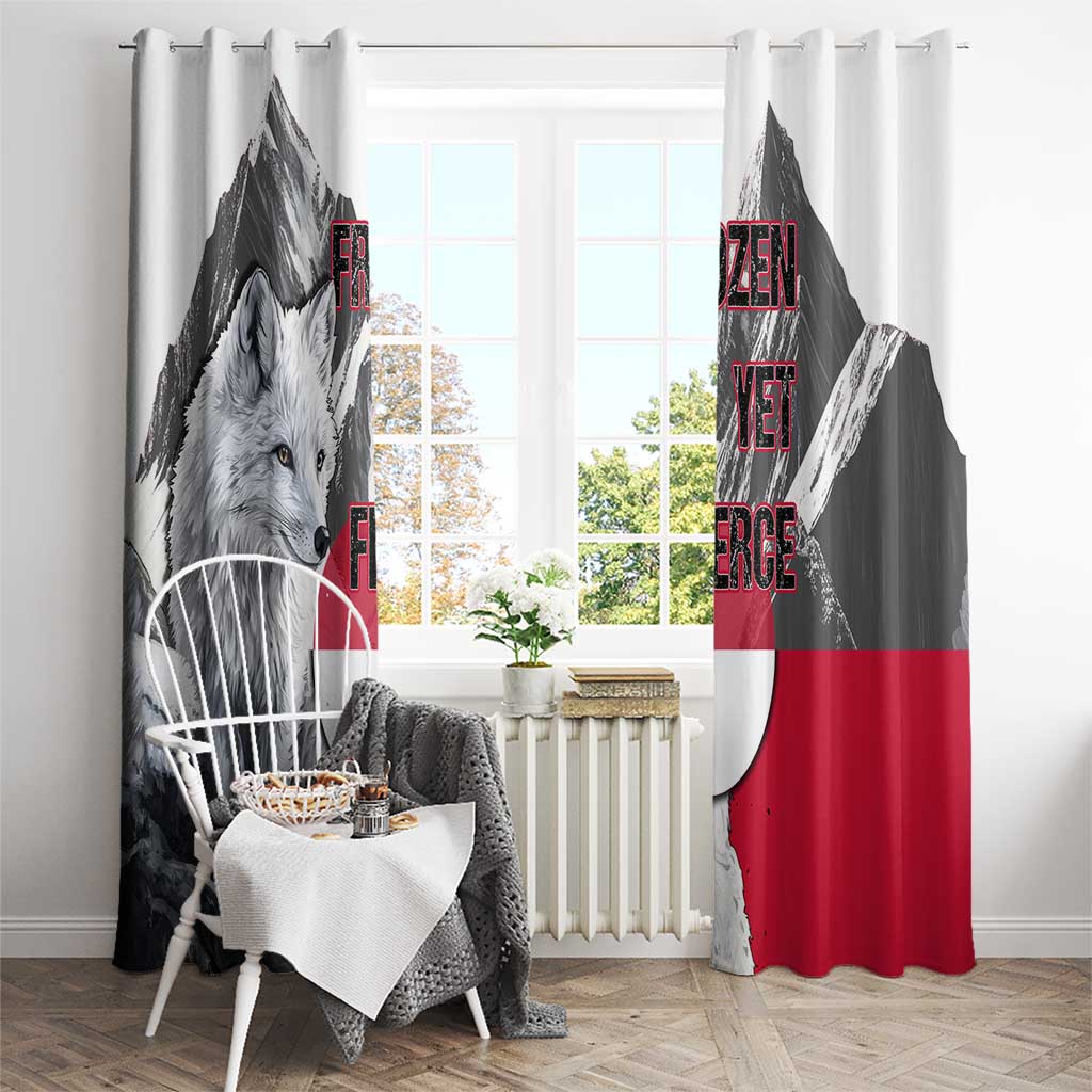 Greenland Window Curtain with Arctic Fox, Mountains, and Frozen Yet Fierce Text Design