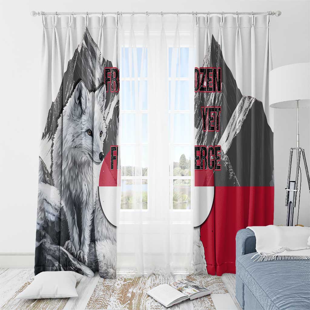 Greenland Window Curtain with Arctic Fox, Mountains, and Frozen Yet Fierce Text Design