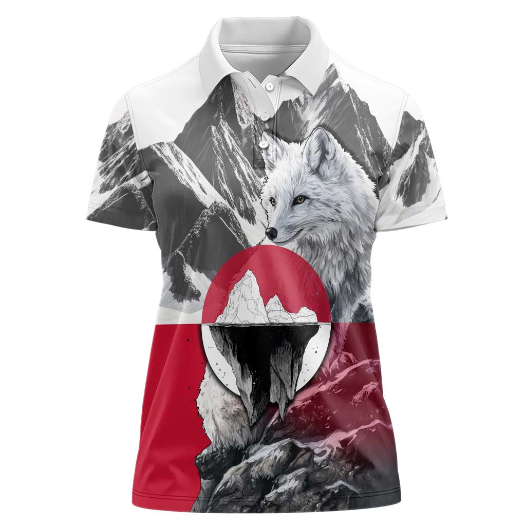 Greenland Women Polo Shirt with Arctic Fox, Mountains, and Frozen Yet Fierce Text Design