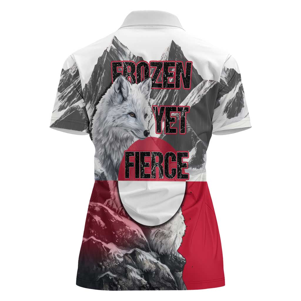Greenland Women Polo Shirt with Arctic Fox, Mountains, and Frozen Yet Fierce Text Design