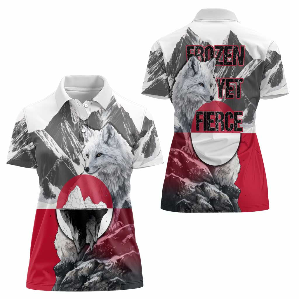 Greenland Women Polo Shirt with Arctic Fox, Mountains, and Frozen Yet Fierce Text Design