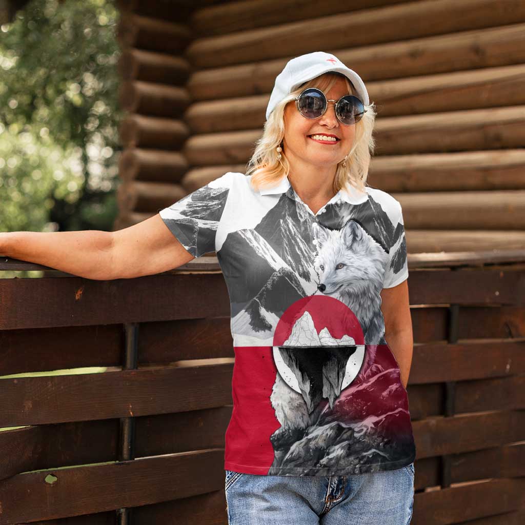 Greenland Women Polo Shirt with Arctic Fox, Mountains, and Frozen Yet Fierce Text Design