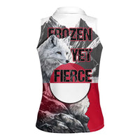 Greenland Women Sleeveless Polo Shirt with Arctic Fox, Mountains, and Frozen Yet Fierce Text Design