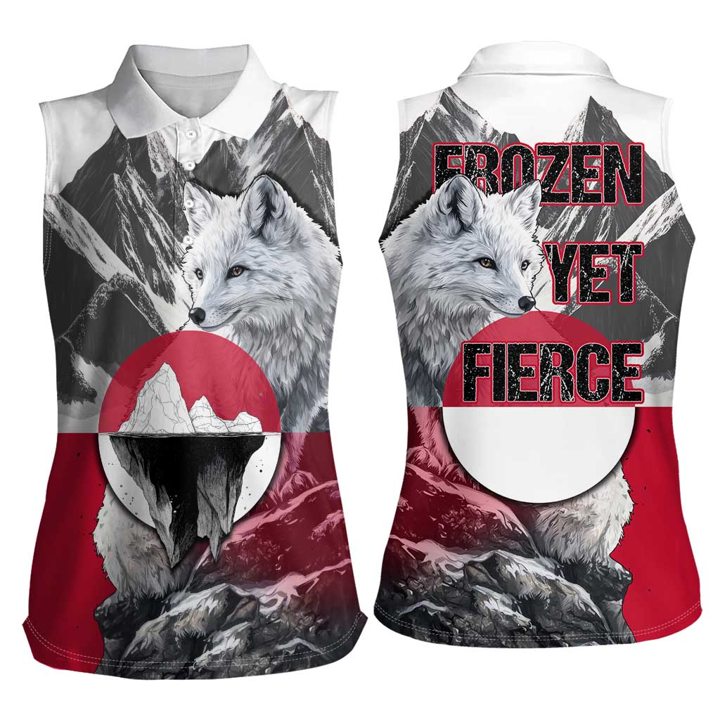 Greenland Women Sleeveless Polo Shirt with Arctic Fox, Mountains, and Frozen Yet Fierce Text Design